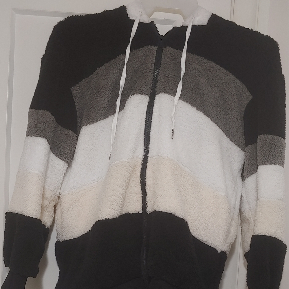 Black/Gray White/Cream Colored Fuzzy Jacket